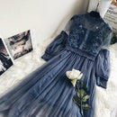 New Arrivals Women Lace Flower Dress Gauze Lantern Sleeve Voile Long Dress Female Retro Hook Princess Dress 2 Piece Set
