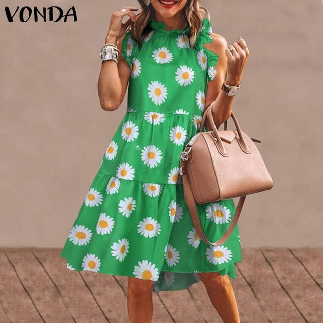Sommer Kurzes Kleid Frauen Sexy Ärmelloses Rüschenkleid Strandurlaub Sommerkleid 2021 VONDA Bohemian Vestidos Plus Size Robe Femme