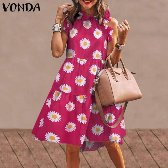 Sommer Kurzes Kleid Frauen Sexy Ärmelloses Rüschenkleid Strandurlaub Sommerkleid 2021 VONDA Bohemian Vestidos Plus Size Robe Femme