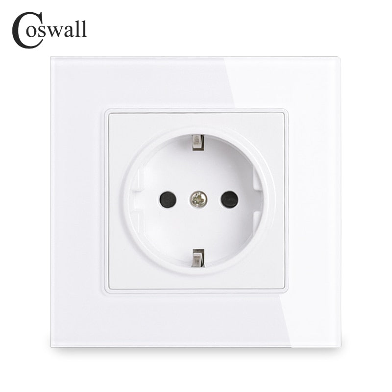 Coswall Wall Tempered Glass Panel Power Socket Grounded 16A EU Russia Spain Outlet With Children Protective Lock