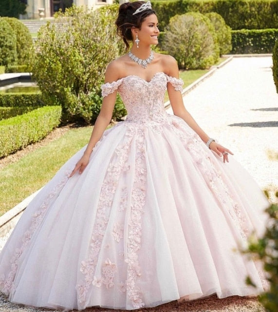 Light Pink Quinceanera Dress 2021 Off The Shoulder Appliques Sequins Backless Princess Sweet 16 Ball Gown Vestidos De 15 Años