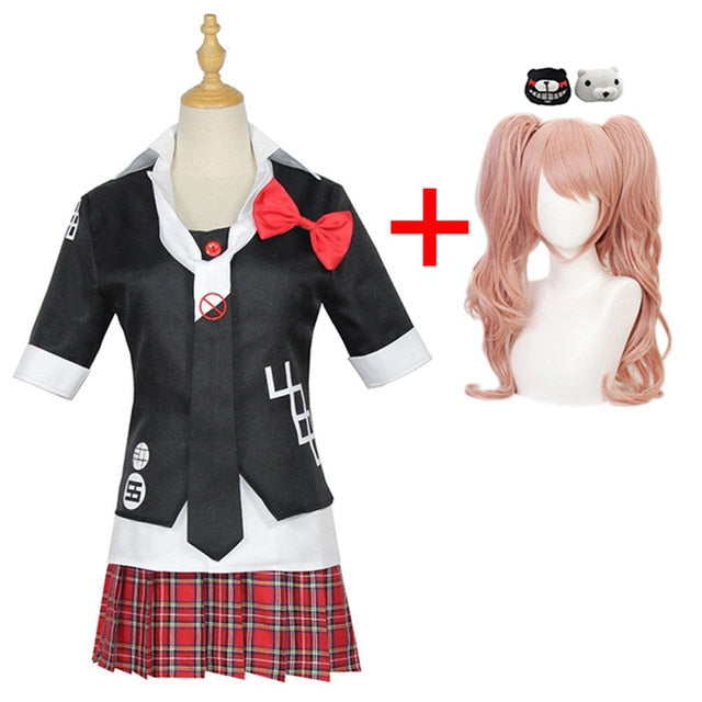 Anime Danganronpa Cosplay Kostüm Enoshima Junko Uniform Cafe Arbeitskleidung Kurzer Rock Doppelschwanz Braid Perücke