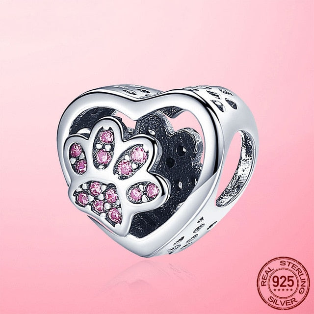 100% 925 Sterling SILVER charms Paw Footprints Beads Cat  Love Heart Charms fit Original Pan Bracelet silver 925 jewelry