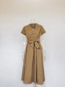 Office Lady Women Casual Sashes A-Line Dress Ladies Short Sleeve V-Neck Summer Dress 2020 Fashion Midi Party Dress Vestidos