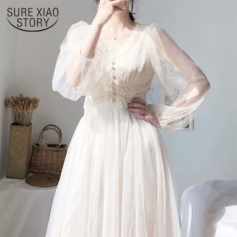 2021 vestido de primavera para mujer Vintage elegante con botón A-Line vestido sólido Puff manga encaje gasa malla vestido Mujer Vestidos 8126
