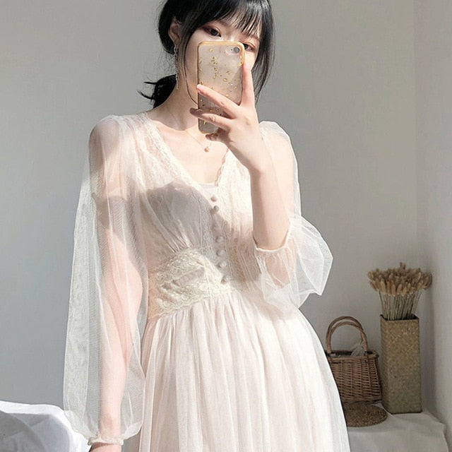 2021 vestido de primavera para mujer Vintage elegante con botón A-Line vestido sólido Puff manga encaje gasa malla vestido Mujer Vestidos 8126