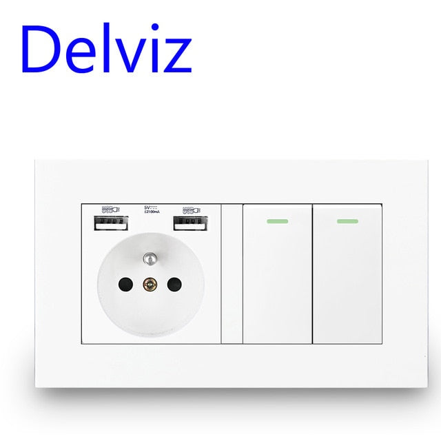 Enchufe estándar francés Delviz, CA 100 ~ 250 V, puerto de cargador USB dual para móvil, blanco con panel de interruptores, enchufe USB de alimentación de pared 16A