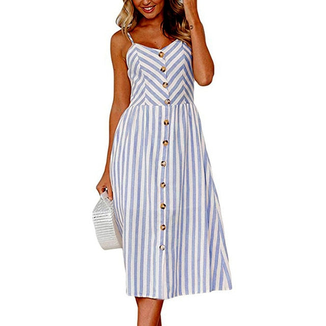 Vintage Casual Sommerkleid Damen Strandkleid Midi-Knopf Backless Polka Dot Striped Damen Kleid Sommer 2021 Boho Sexy Blumenkleid