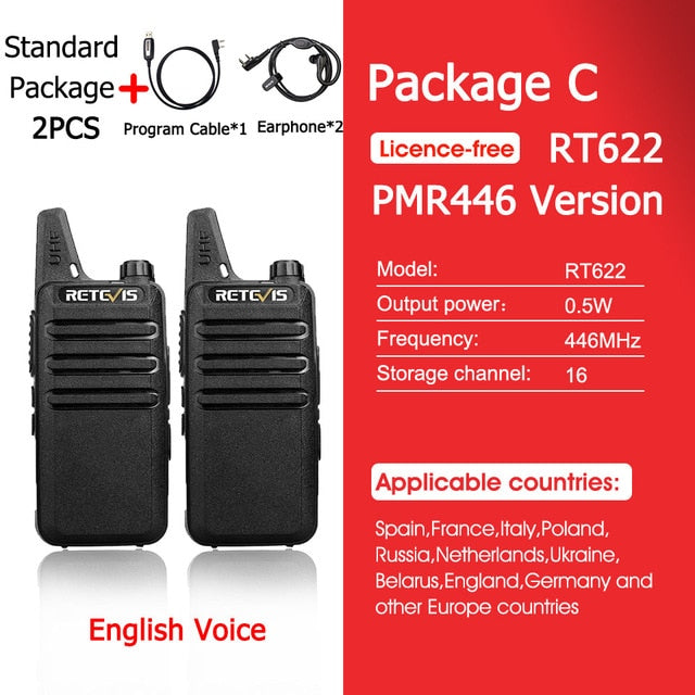 RETEVIS RT622 Mini Walkie Talkie PMR 446 PTT Tragbares Walkie-Talkie 2 Stück Funkgerät Tragbares Funkgerät für das Jagdhotel RT22