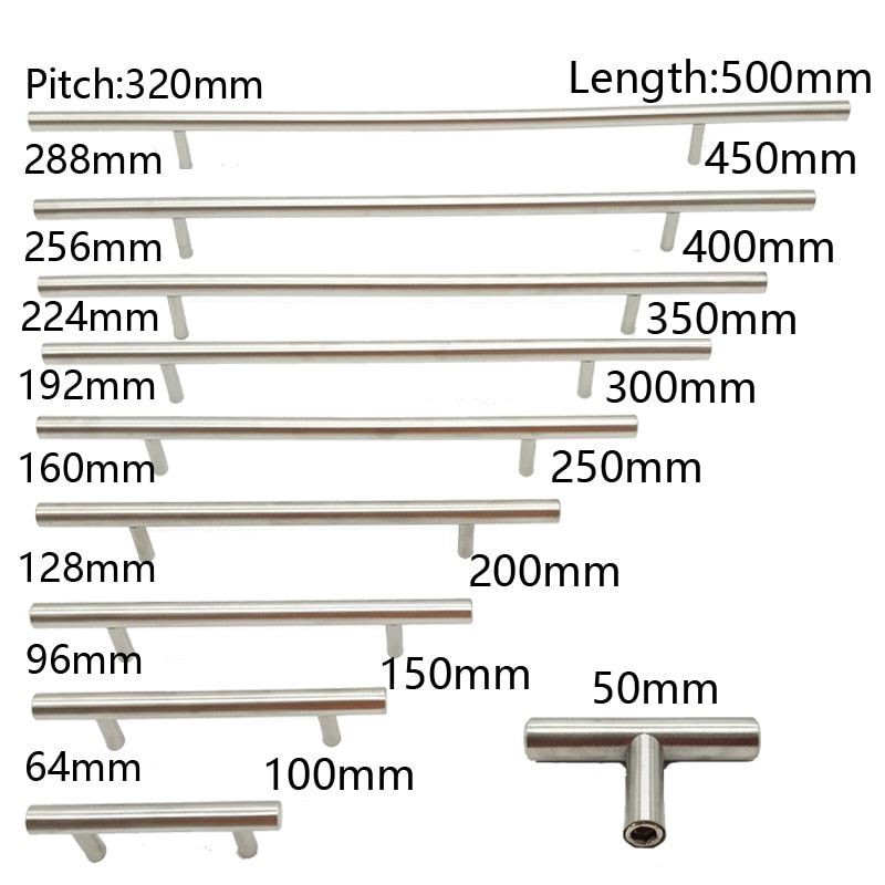 Tirador de barra en T para puerta de cocina de acero inoxidable de 50mm-450mm, tirador de armario, tirador de muebles, tirador de cajón