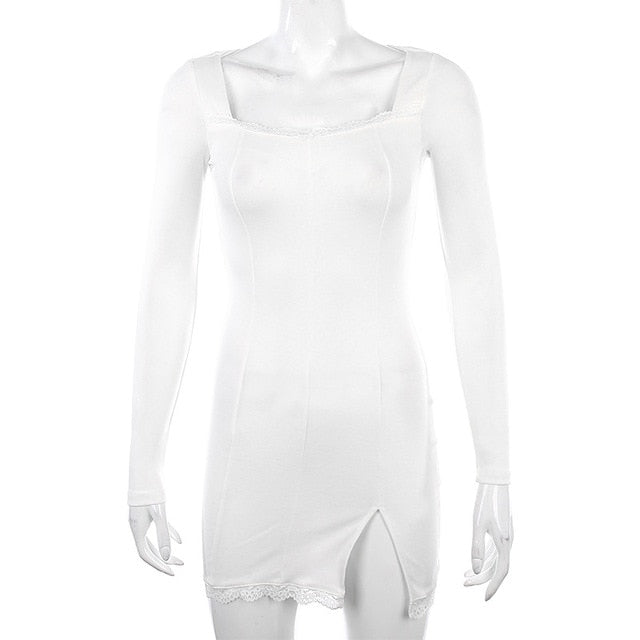 Vestido de invierno para mujer, novedad de 2021, Vestidos de fiesta sexis de manga larga con encaje dividido en blanco y negro