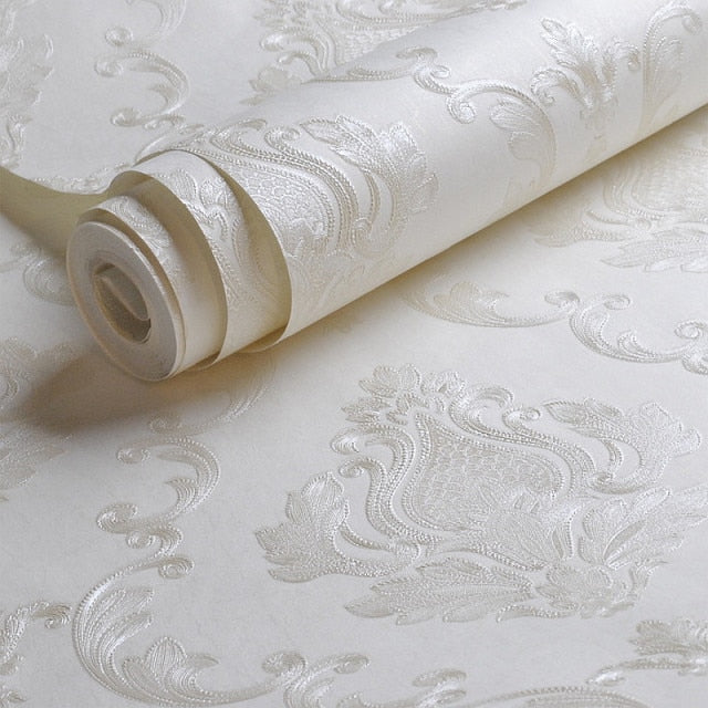 Papel tapiz de Damasco en relieve blanco cremoso, Fondo de sala de estar para dormitorio, patrón Floral, papel de pared texturizado 3D, decoración del hogar, rollo de 10M