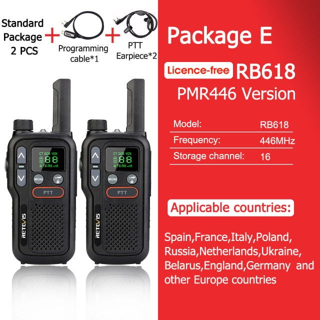 Retevis RB618 Mini Walkie Talkie recargable Walkie-Talkies 1 o 2 uds PTT PMR446 Radio portátil de dos vías de largo alcance para caza