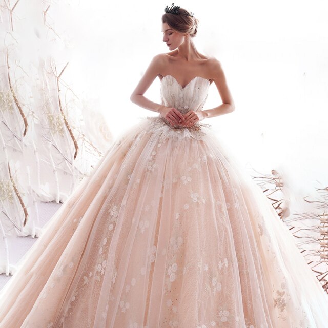 LDR03 Champagne 2021 New Bridal Wedding Dress Shell Elegant Long Trailing Flowers Print Lace Sequins свадебное платье бохо