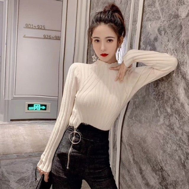 Women Clothes Ladies Solid Spring Winter High Collar Long Sleeve Knitwear Blouse Sweater Sweet Slim Tops One Size