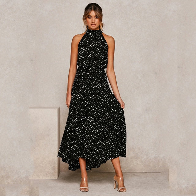Summer Long Dress Polka Dot Casual Dresses Black Sexy Halter Strapless New 2021 Yellow Sundress Vacation Clothes For Women