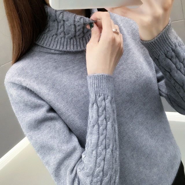 Suéter de cuello alto para mujer, jerséis de otoño e invierno, novedad de 2021, suéter de manga larga grueso y cálido para mujer, color caqui