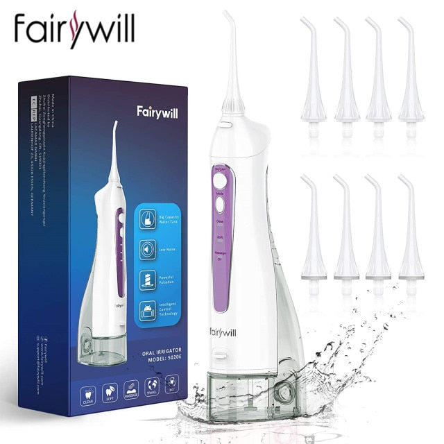 Irrigador de agua Fairywill para dientes, irrigador bucal de 300ML, recargable, portátil, Dental, 3 modos, tanque de agua, limpiador de dientes resistente al agua