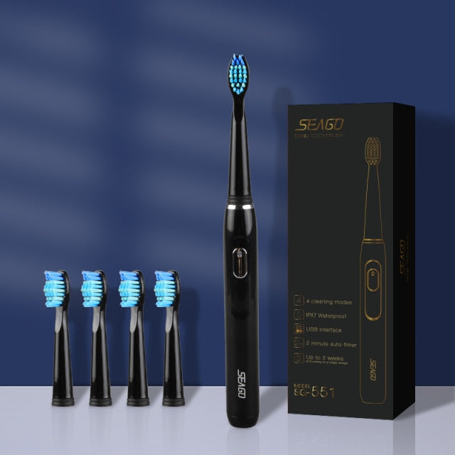 Cepillo de dientes eléctrico SEAGO recargable, compre uno y llévese uno gratis, cepillo de dientes sónico, cepillo de dientes de viaje de 4 modos con 3 cabezales de regalo