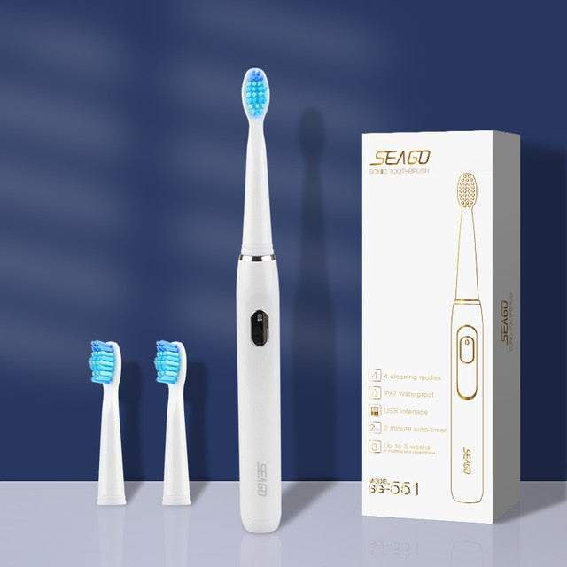 Elektrische Zahnbürste von SEAGO, wiederaufladbar. Kaufen Sie eins und erhalten Sie eins gratis. Schallzahnbürste mit 4 Modi, Reisezahnbürste mit 3 Bürstenköpfen