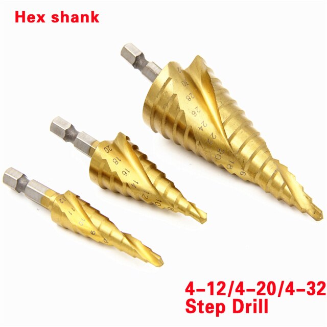 HSS Steel Titanium Step Drill Bit Hand Tool Sets 3-12 4-12 4-20 4-32mm Step Cone Cutt Woodworking Wood Metal Drill Bit Set