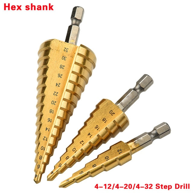 HSS-Stahl-Titan-Stufenbohrer-Handwerkzeug-Sets 3-12 4-12 4-20 4-32 mm Stufenkegelschnitt Holzbearbeitungs-Holz-Metallbohrer-Set