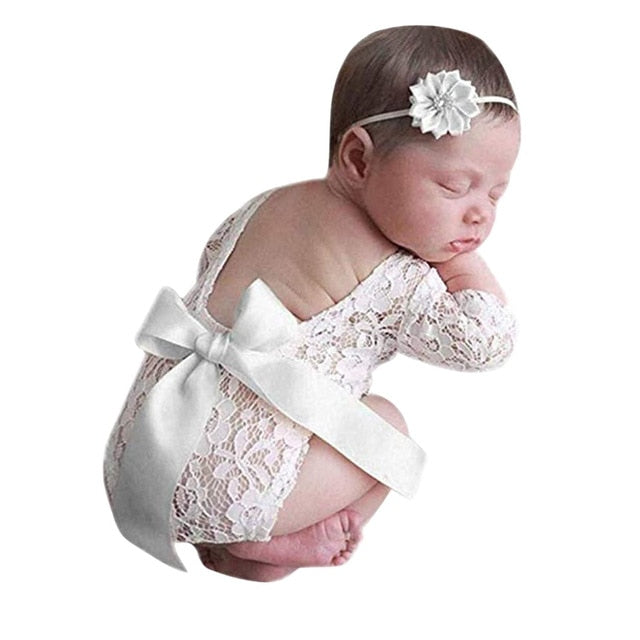 Baby Romper Deep V Backless Newborn Photo Photograph Props Lace Toddler Hollow Bow-knot Design Fotografia Accessories