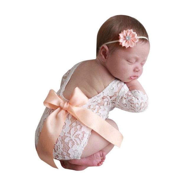 Baby Romper Deep V Backless Newborn Photo Photograph Props Lace Toddler Hollow Bow-knot Design Fotografia Accessories