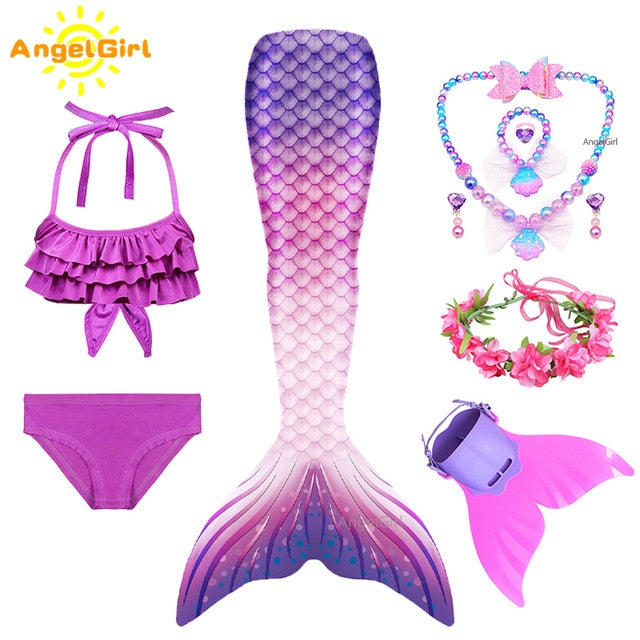 AngelGirl 2021 Girls Swimmable Mermaid Tail Princess Dress with Monofin Kids Holiday Mermaid Costume Cosplay Swimsuit Birthday