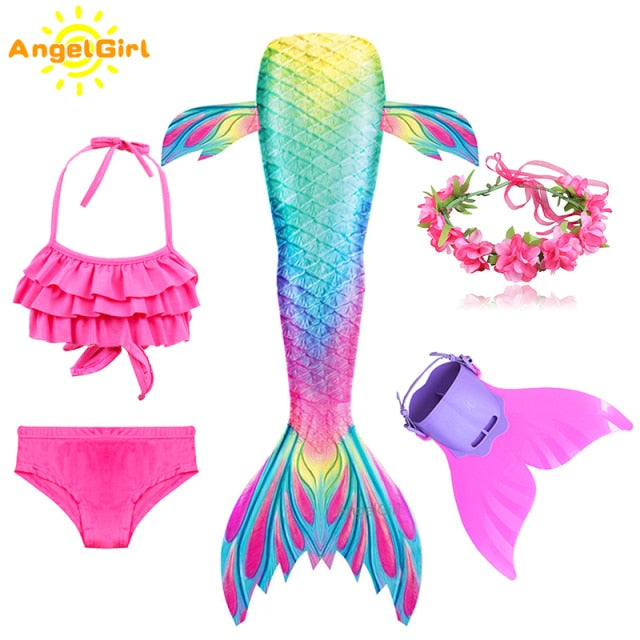 AngelGirl 2021 niñas cola de sirena nadable vestido de princesa con Monofin niños vacaciones sirena disfraz Cosplay traje de baño cumpleaños