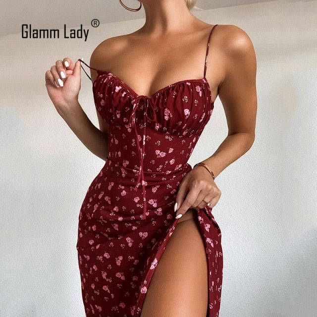 Glamm Lady Blumendruck Casual Midi Sexy Partykleider für Damen trägerloses Herbst-Sommer-Kleid Club, figurbetontes Kleid Puff Vestidos