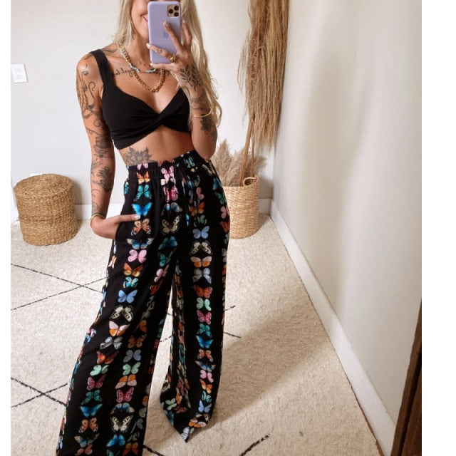 2 Pecs Suit Summer Tracksuit Sets Womens Outfits Boho Beach Style Print Underwear Loose Wide Leg Pants Ropa Mujer Подходить New