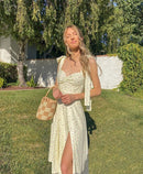 Summer Dress Women Short Puff Sleeve Flroal Printed Ruched Party High Split Long Maxi Dresses Drawstring Sexy Vestidos Sundress