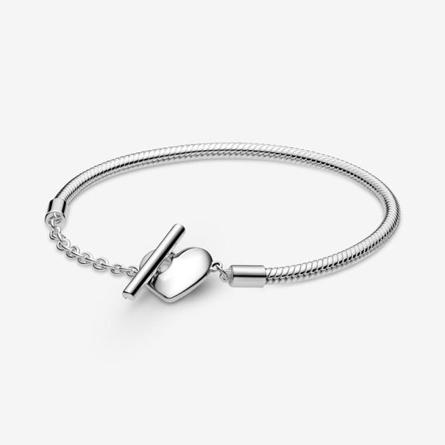Charms 925 Sterling Silver Solid Bracelet Heart T-Bar Cuff Chain Sparkling Blue Disc Broche Pulsera de cadena de serpiente Joyería de mujer