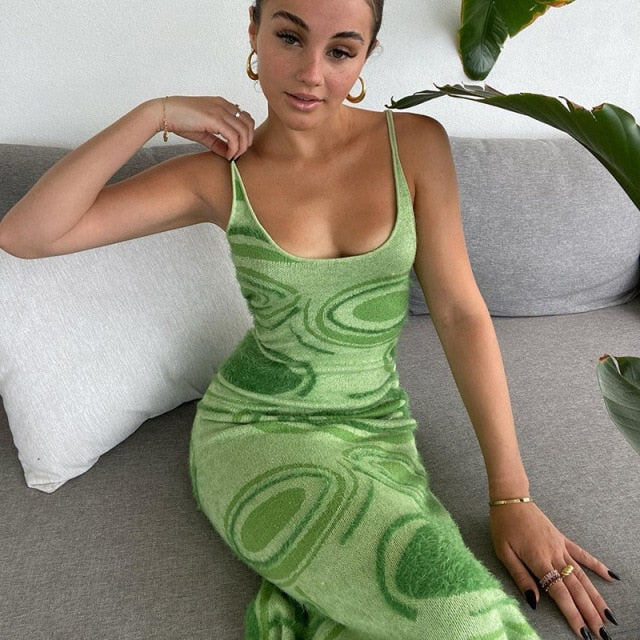 Grünes Vintage-Kleid-Frauen-Spaghetti-Bügel-reizvolles figurbetontes Kleid-beiläufiges Y2K Paisley 2021 Mode-Partei-Kleid-Frauen-Strand Vestido
