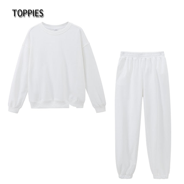 Toppies, conjunto informal de dos piezas de gran tamaño, traje de mujer, chándal femenino, pantalón con cuello redondo, sudaderas, pantalones de chándal blancos