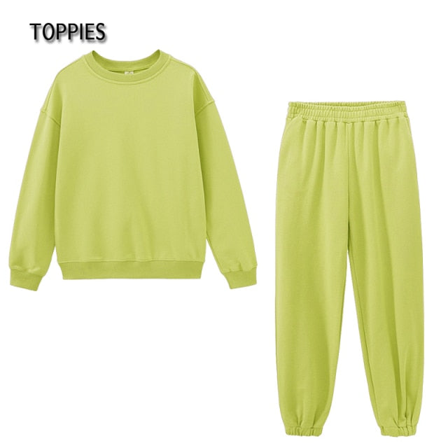 Toppies Casual Oversized Two Piece set woman Suit Female Tracksuit Pant O-neck Sweatshirts White Sweatpants