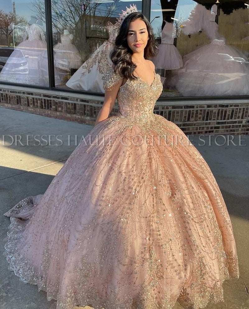 Sparkly Champagne Quinceanera Dresses Sequin Lace Ball Gown Prom Dresses Sweetheart Sweet 16 Dress Long Formal Dress