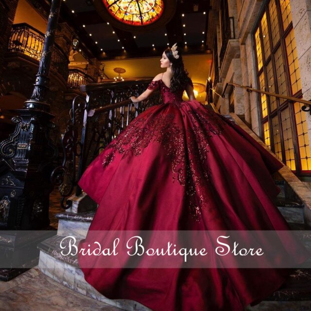 Burgundy Quinceanera Dresses with Sequins Applique Off the Shoulder Sweet 16 Dress vestido de 15 anos 2021 Ball Prom Gowns