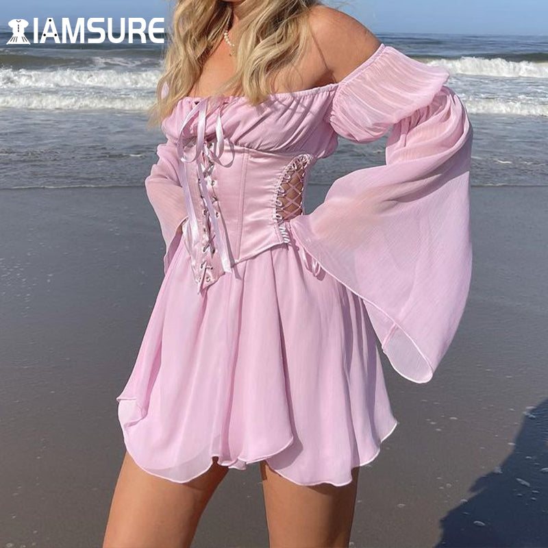 IAMSURE Strand Stil Vintage Chiffon Kleid mit Korsett Bandage aushöhlen Bustier Prairie Chic Flare Sleeve Kleider 2 Stück Set