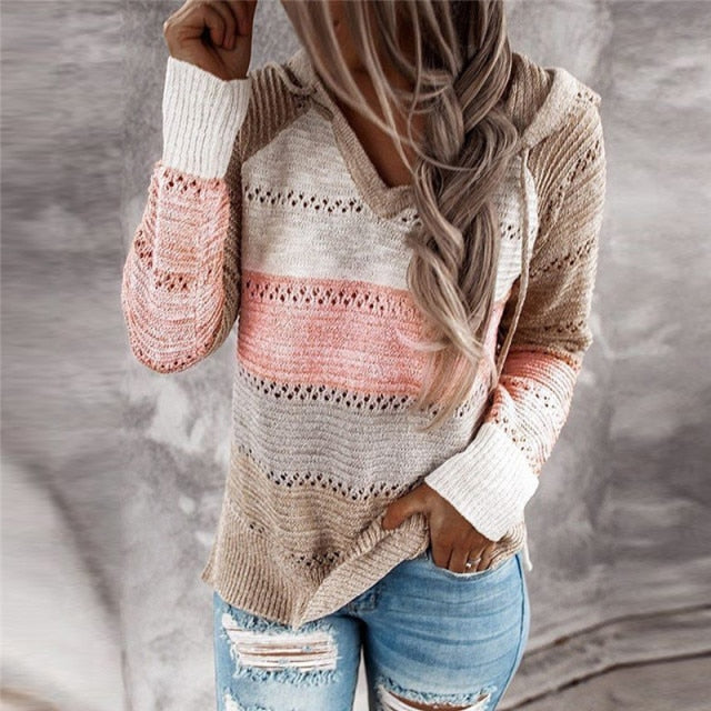 Autumn Women Patchwork Hooded Sweater Long Sleeve V-neck Knitted Sweater Casual Striped Pullover Jumpers 2020 New Female Hoodies