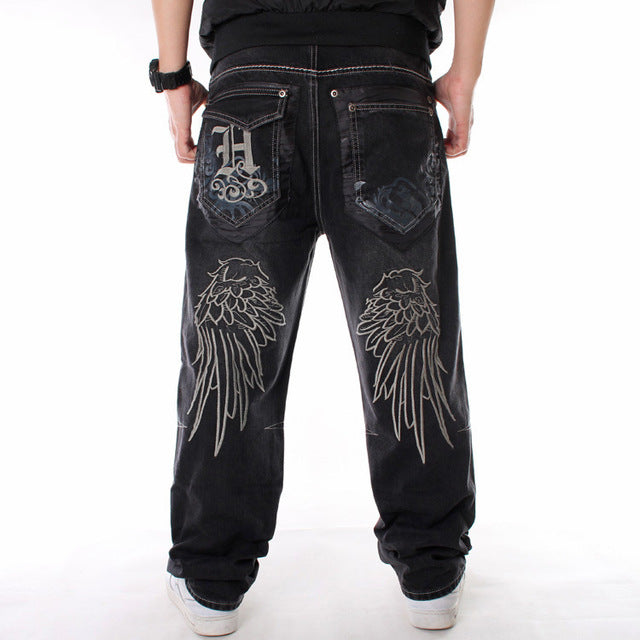 Men Street Dance Hiphop Jeans Fashion Embroidery Black Loose Board Denim Pants Overall Male Rap Hip Hop Jeans Plus Size 30-46