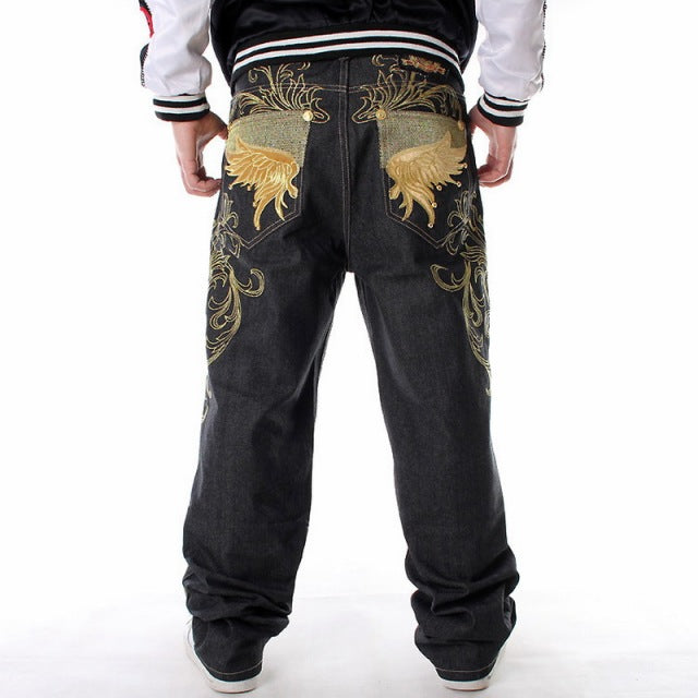 Männer Street Dance Hiphop Jeans Mode Stickerei Schwarz Loose Board Denim Hosen Insgesamt Männliche Rap Hip Hop Jeans Plus Größe 30-46