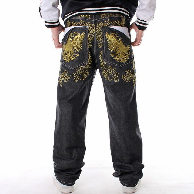 Männer Street Dance Hiphop Jeans Mode Stickerei Schwarz Loose Board Denim Hosen Insgesamt Männliche Rap Hip Hop Jeans Plus Größe 30-46