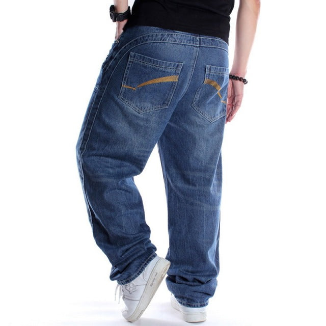 Hombres Street Dance Hiphop Jeans Moda Bordado Negro Suelto Tablero Pantalones de mezclilla General Hombre Rap Hip Hop Jeans Tallas grandes 30-46