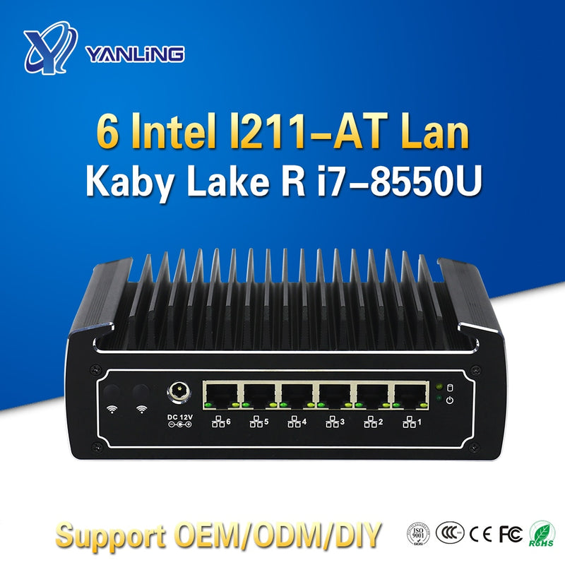Yanling 6 Lans Mini Sever 8th Gen Kaby Lake R Intel 8550U Quad Core Fanless Firewall PC I7 Soporte de enrutador de red I211-AT Lan