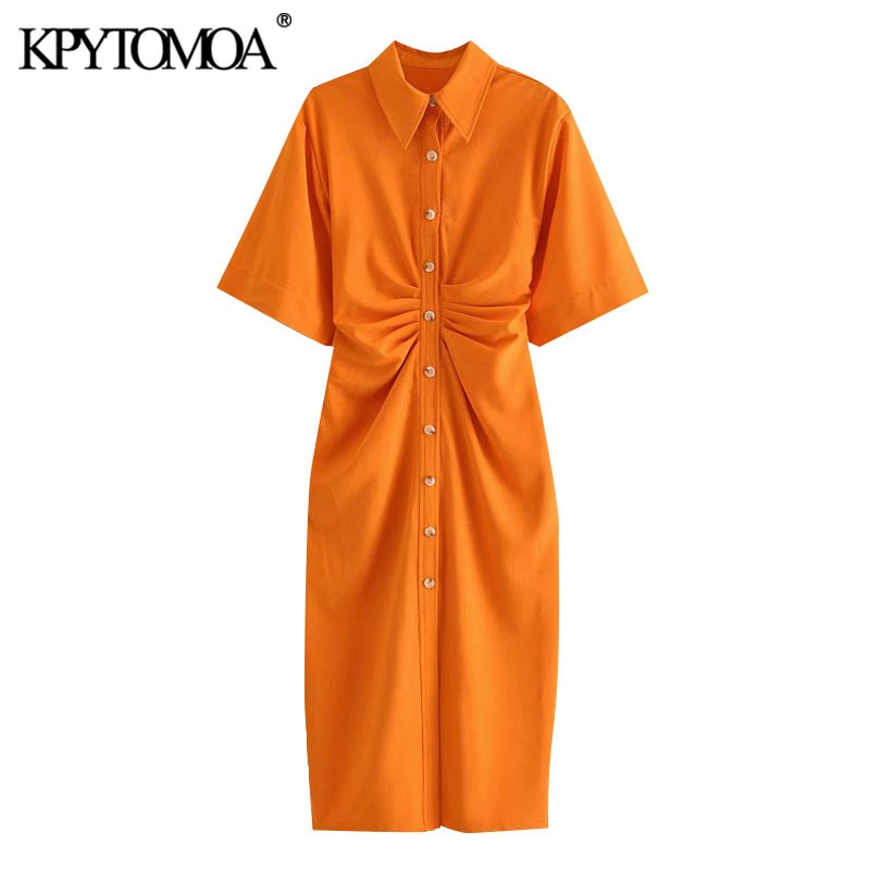 KPYTOMOA mujeres 2021 Chic moda abotonada drapeada Midi camisa vestido Vintage manga corta cremallera lateral Vestidos femeninos Vestidos
