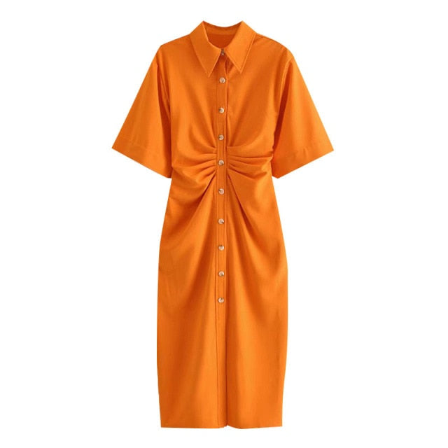 KPYTOMOA Women 2021 Chic Fashion Button-up Draped Midi Shirt Dress Vintage Short Sleeve Side Zipper Female Dresses Vestidos