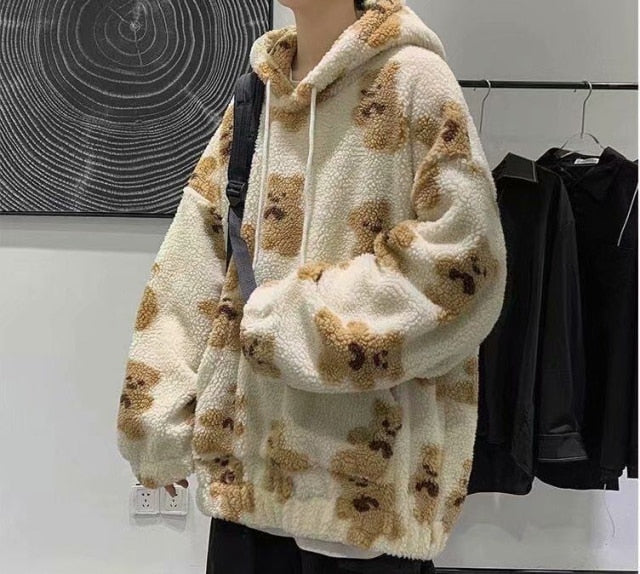 V-hanver little bear Pattern furry Hoodie 2020 Winter Warm Plush  sweet Pullovers Woman Vintage korean Style loose Sweatshirt