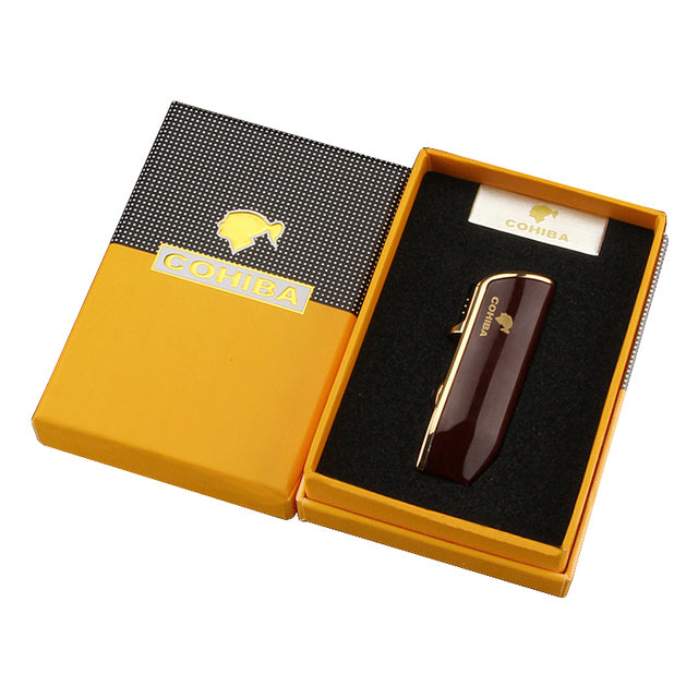 COHIBA Winddichtes Mini-Taschen-Zigarrenfeuerzeug aus Metall, 3 Jet Blue Flame Torch Zigarettenanzünder mit Zigarrenpunsch-Geschenkbox